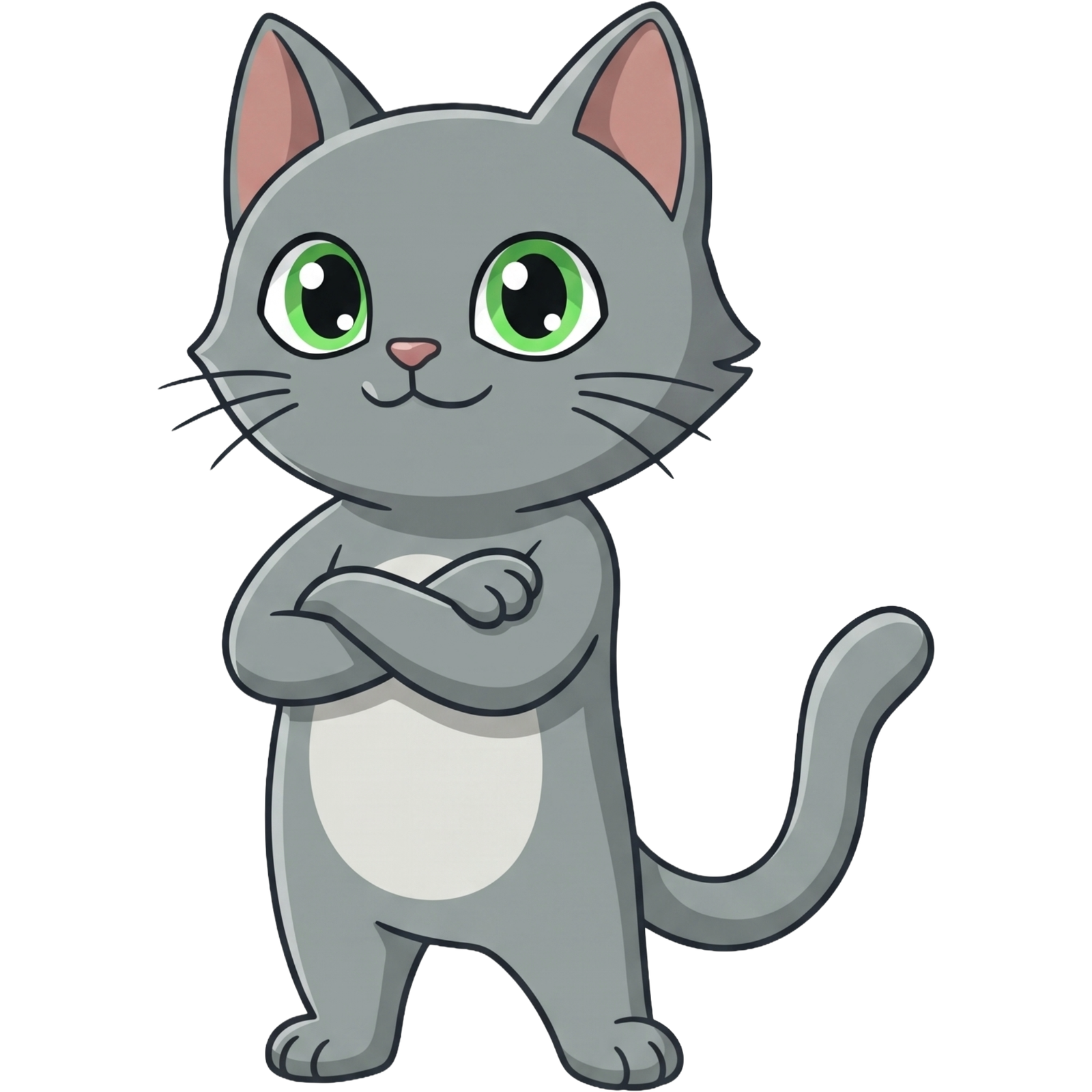 Flefy, a grey cartoon cat mascot with green eyes, standing with arms crossed and a calm confident smile