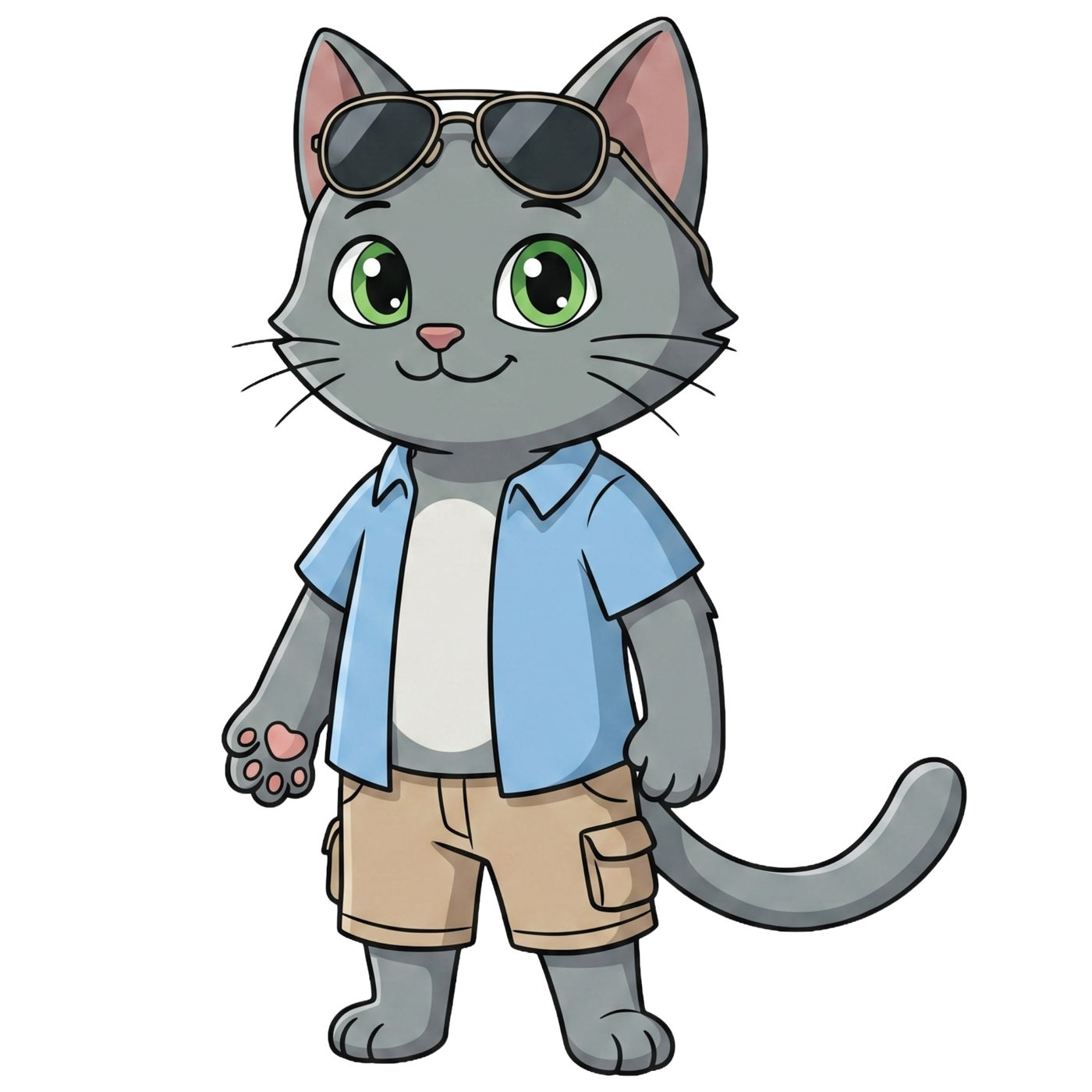 Flefy wearing a summer outfit — a light blue short-sleeve shirt, cargo shorts, and sunglasses pushed up on his head