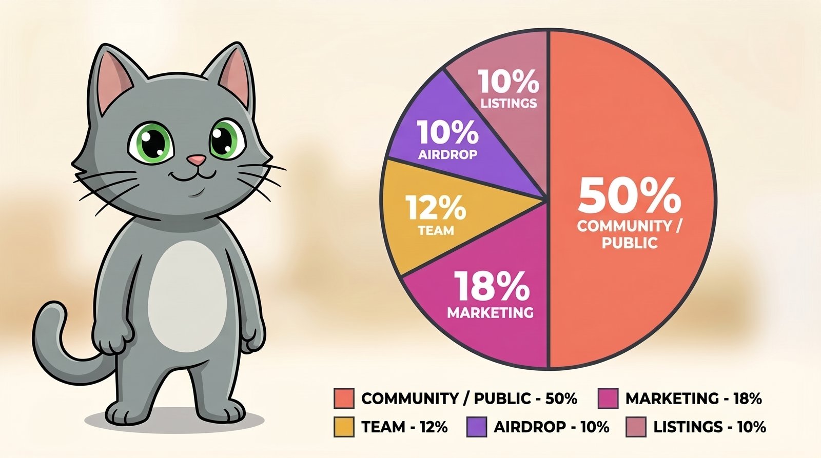 Flefy $FLEFY tokenomics pie chart: 50% Community/Public, 18% Marketing, 12% Team, 10% Airdrop, 10% Listings