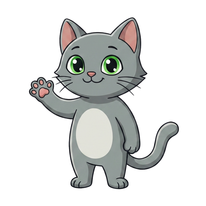 Flefy waving hello with one paw raised
