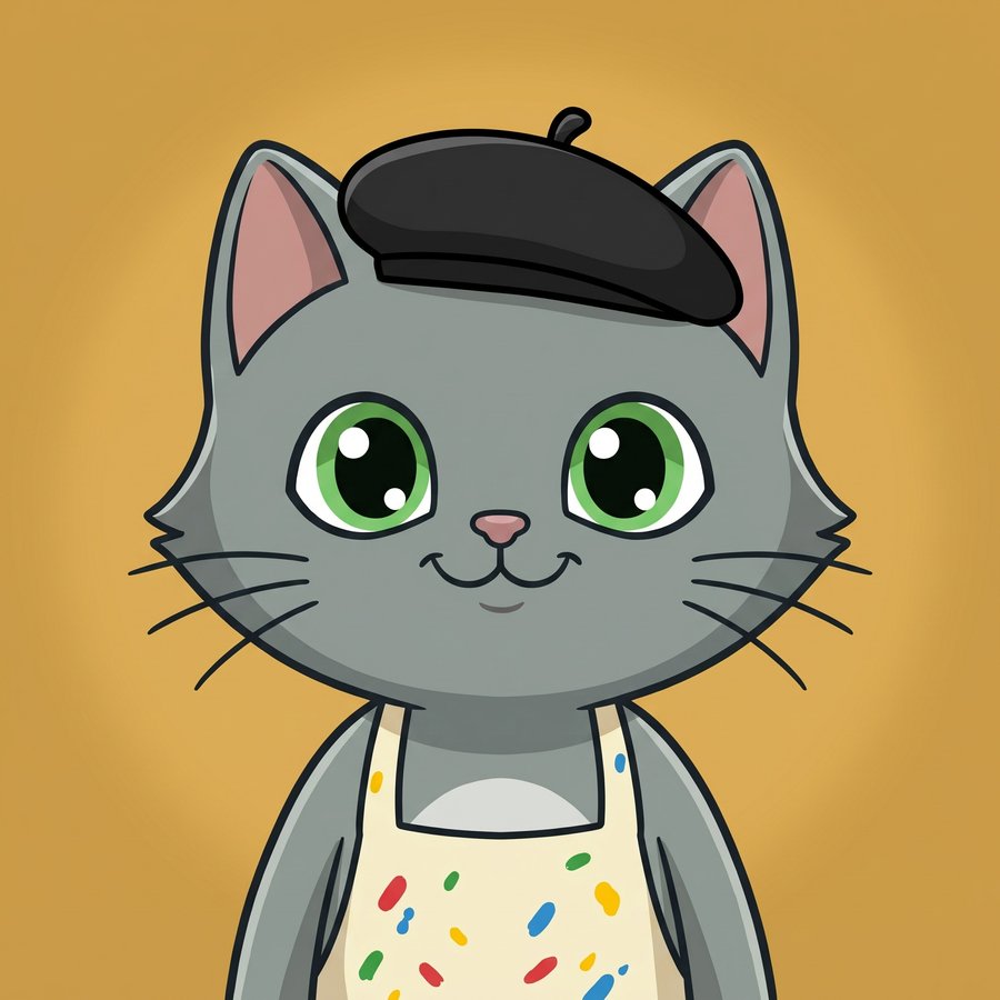 Flefy profile picture dressed as an artist, wearing a black beret and cream paint-splattered apron, cheerful smile