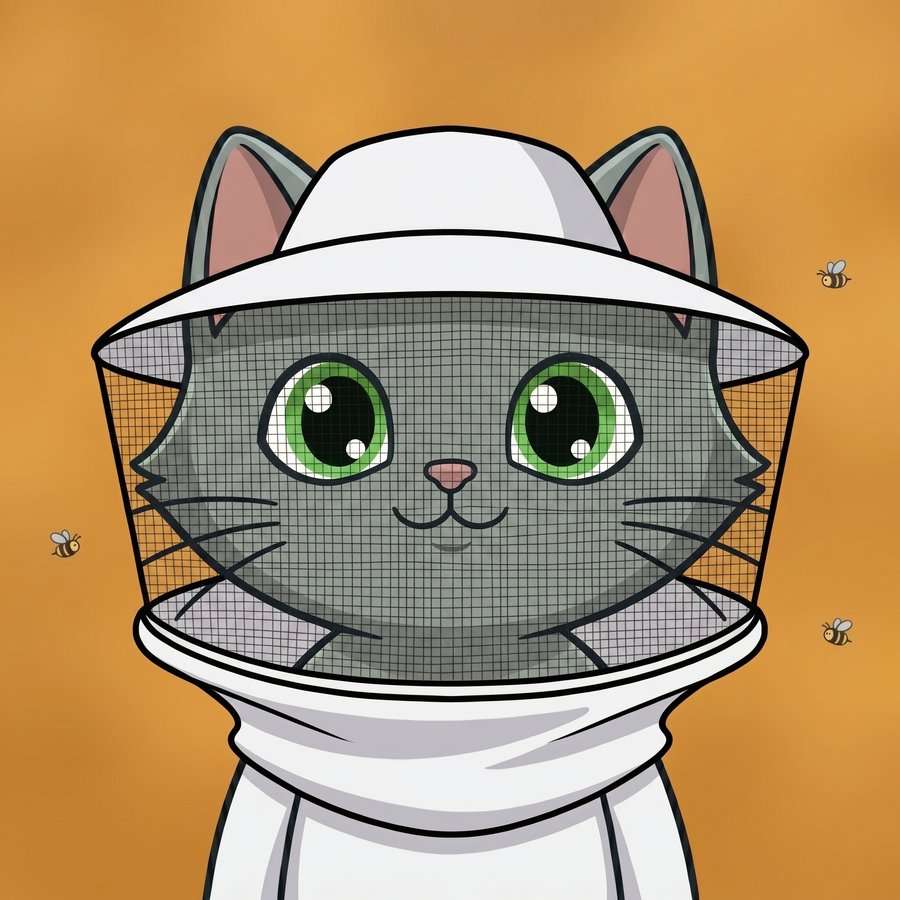 Flefy profile picture dressed as a beekeeper, wearing a white beekeeper veil hood with fine black mesh, calm friendly smile