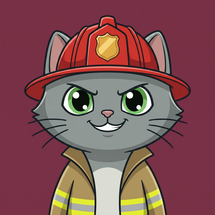 Flefy profile picture dressed as a firefighter, wearing a red firefighter helmet with a gold badge and a tan turnout coat with reflective stripes