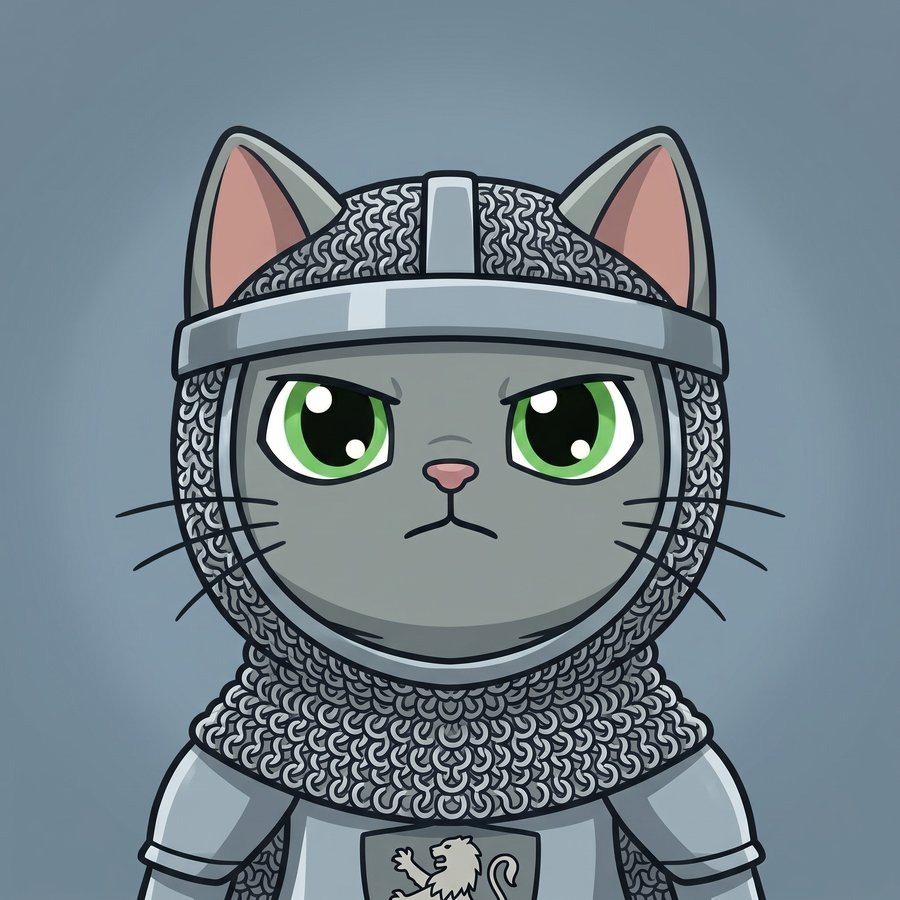 Flefy profile picture dressed as a knight, wearing a silver chainmail coif and a steel helm band, calm friendly smile