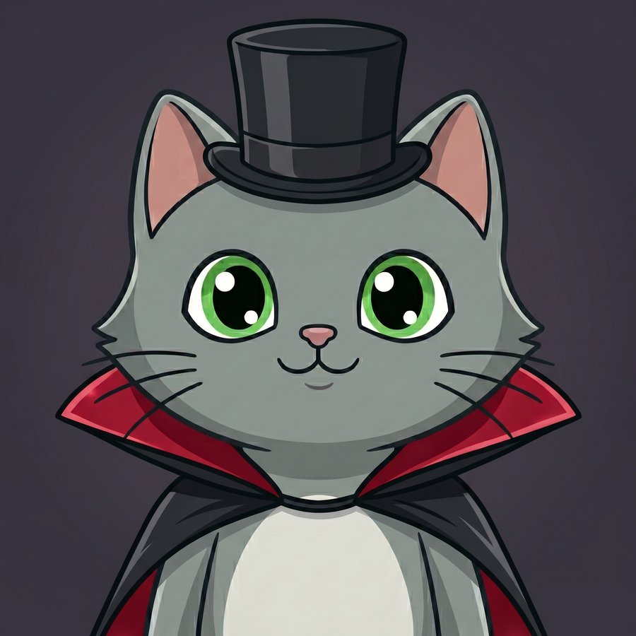 Flefy profile picture dressed as a stage magician, wearing a black top hat and a cape with a red satin underside, calm friendly smile
