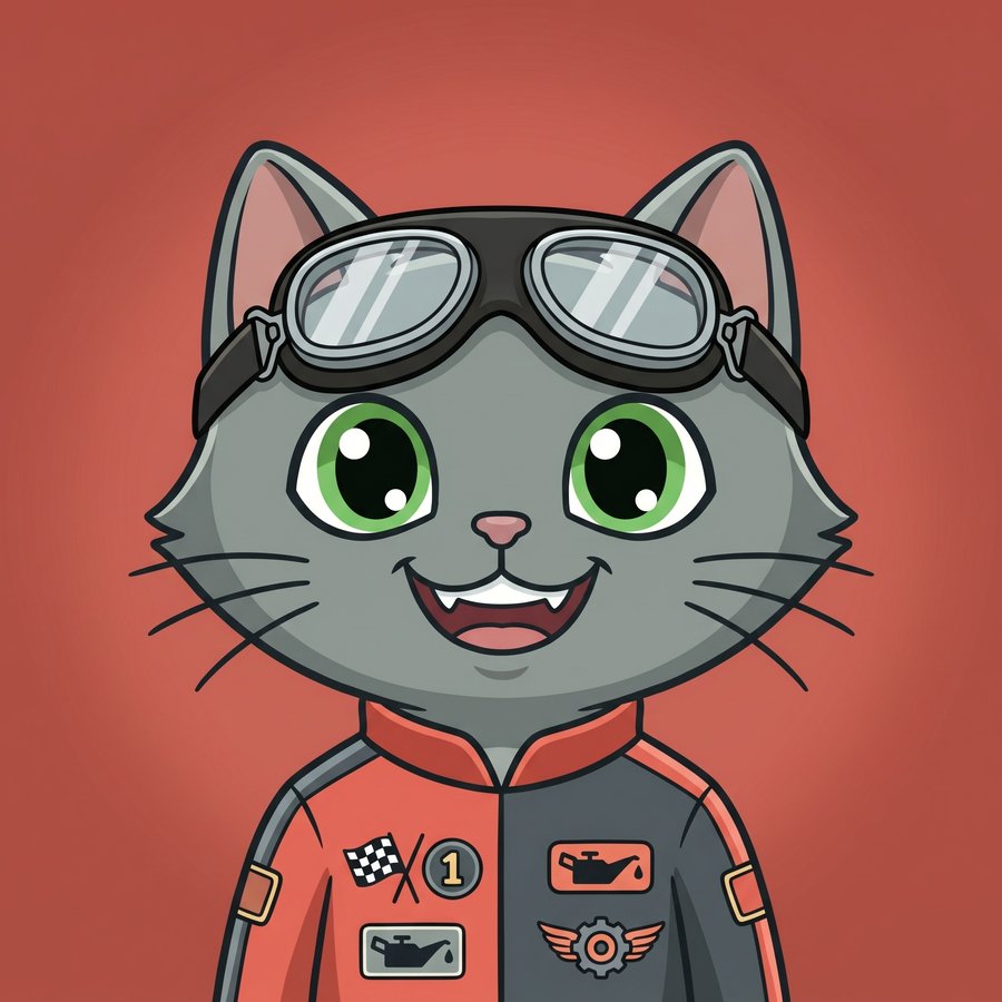 Flefy profile picture dressed as a racer, wearing racing goggles pushed up on his forehead and a red-and-grey racing jacket, big open grin