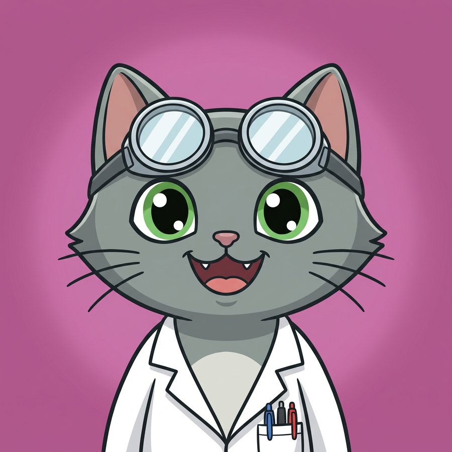 Flefy profile picture dressed as a scientist, wearing safety goggles pushed up on his forehead and a white lab coat with pens in the pocket, excited open-mouthed grin