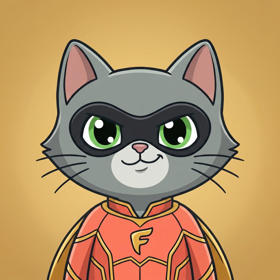 Flefy profile picture dressed as a superhero, wearing a black domino mask and an orange-and-gold caped suit with an F emblem