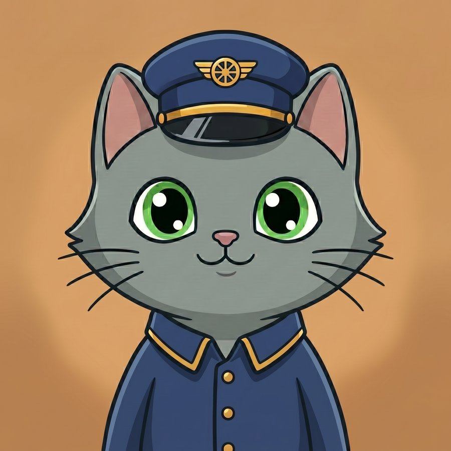 Flefy profile picture dressed as a train conductor, wearing a navy conductor's uniform jacket with brass buttons and a matching cap, calm friendly smile