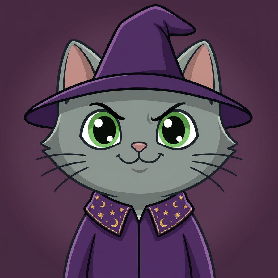 Flefy profile picture dressed as a wizard, wearing a purple pointed wizard hat and star-and-moon trimmed robe, mischievous smile